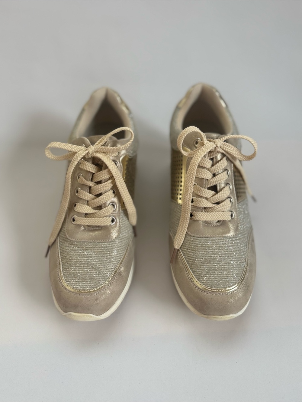 Cestfini Women's Beige and Gold Lace-Up Wedge Sneakers